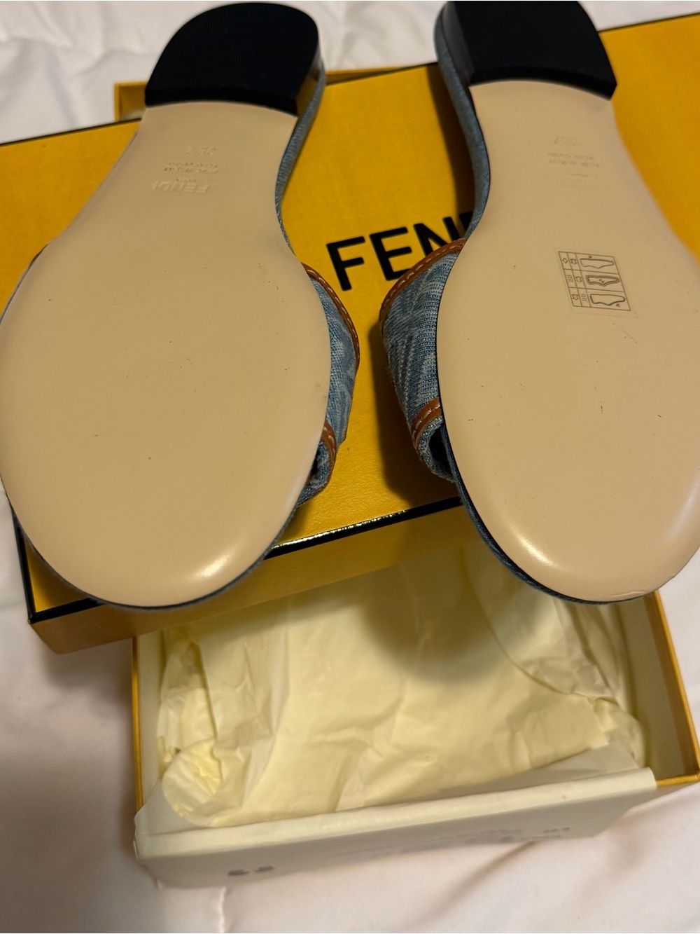 Fendi Denim Slide Sandals with Brown Leather Logo - Picture 2 of 2